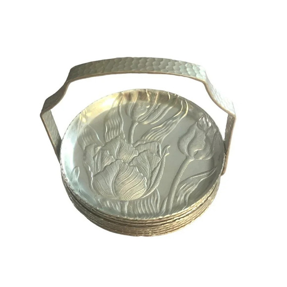 VINTAGE MCM Mid-Century Embossed Aluminum Tulip Floral Coaster Set of 8 w/Holder - Picture 1 of 7
